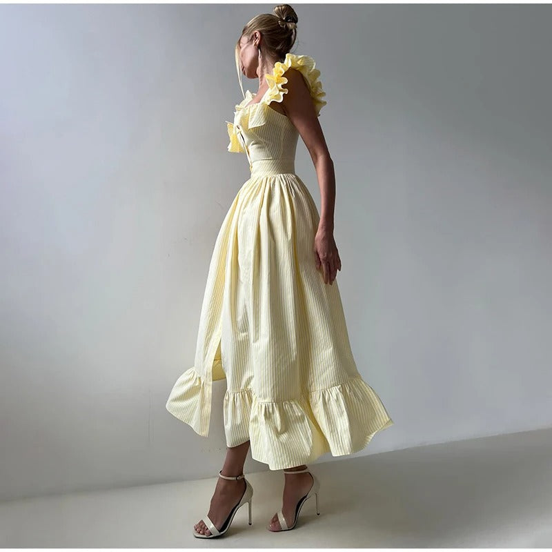Striped Ruffle Shoulder Midi Dress – Elegant Summer A-Line Gown