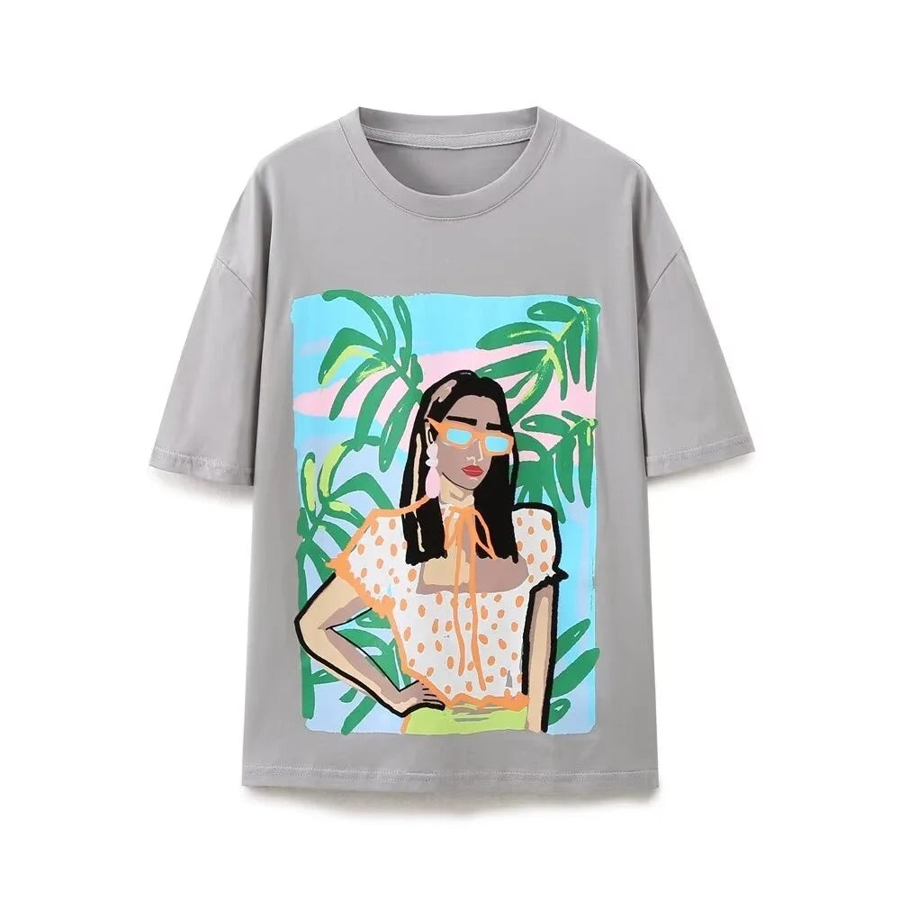Trendy Graphic Print T-Shirts for Women – Loose Fit Summer Cotton Tees with Stylish Lady Illustration
