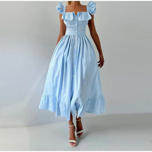 Striped Ruffle Shoulder Midi Dress – Elegant Summer A-Line Gown