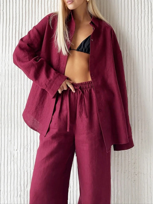 Elegant Two-Piece Set – Button-Up Blouse & Wide-Leg Pants