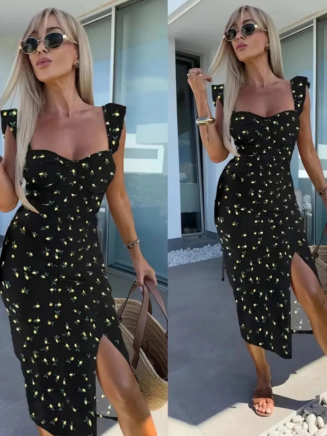 Elegant Summer Printed Midi Dress – Sleeveless Suspender Style with Slit, Women's Fashion Dress