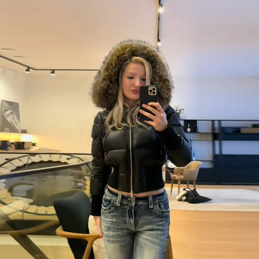 Winter Faux Fur Collar Puffer Jacket – Slim Fit, Detachable Design, Luxe Black Coat 2025