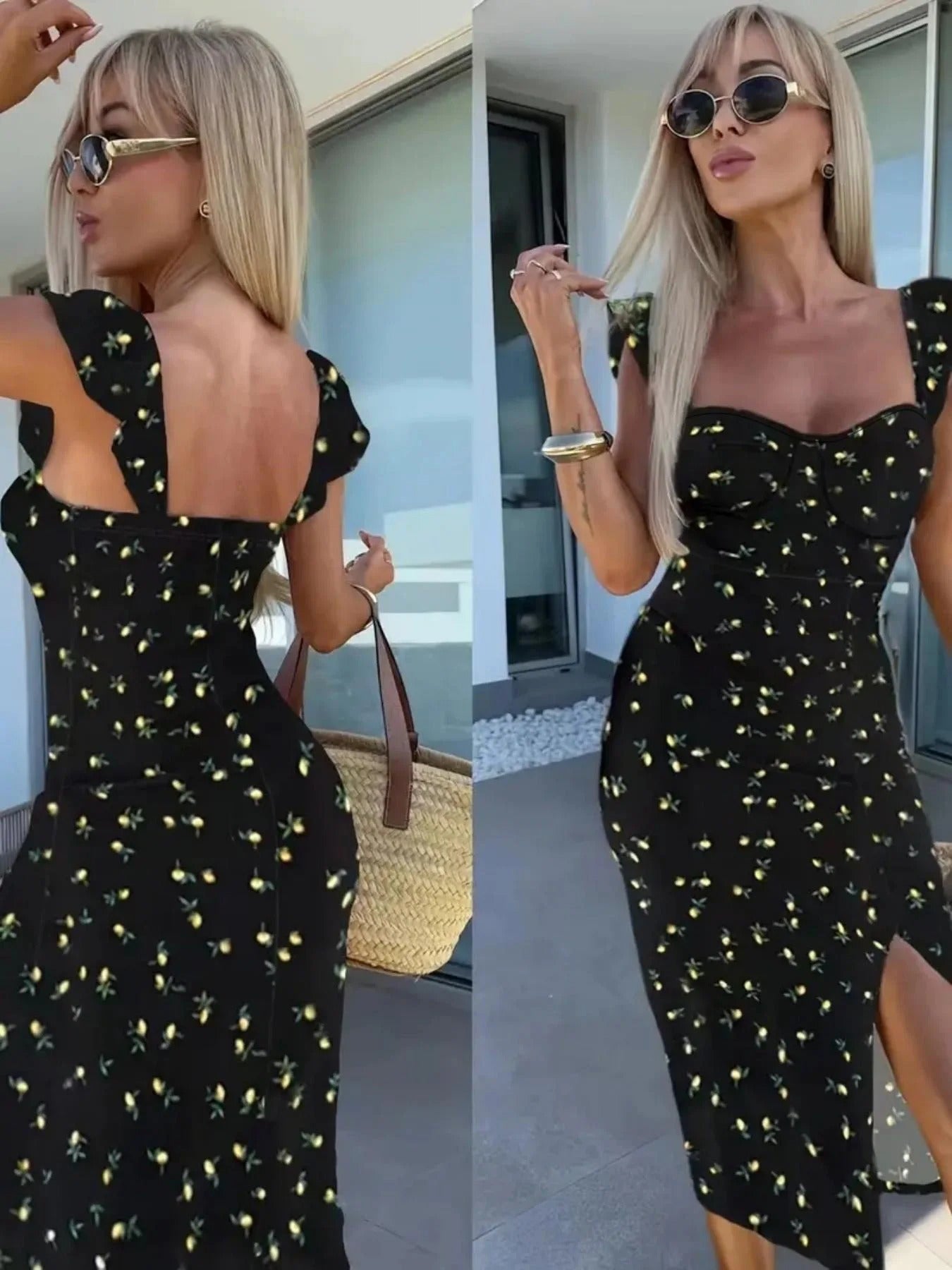 Elegant Summer Printed Midi Dress – Sleeveless Suspender Style with Slit, Women's Fashion Dress