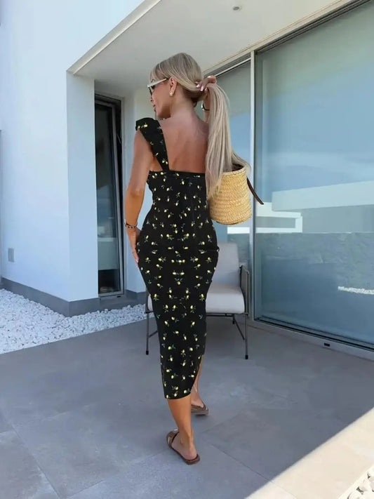 Elegant Summer Printed Midi Dress – Sleeveless Suspender Style with Slit, Women's Fashion Dress