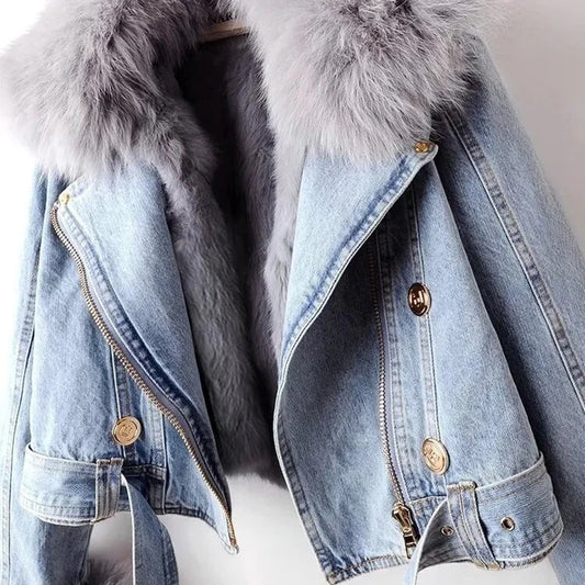 Winter Denim Jacket with Faux Fox Fur Collar – Warm Short Jean Coat