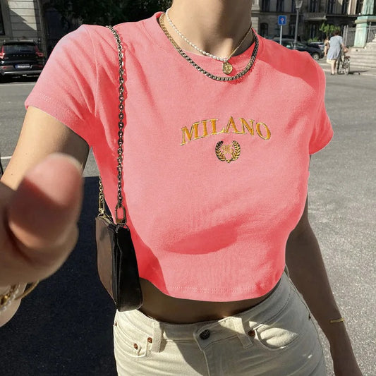 MILANO Embroidered Crop T-Shirt – Stretchy Summer Fit