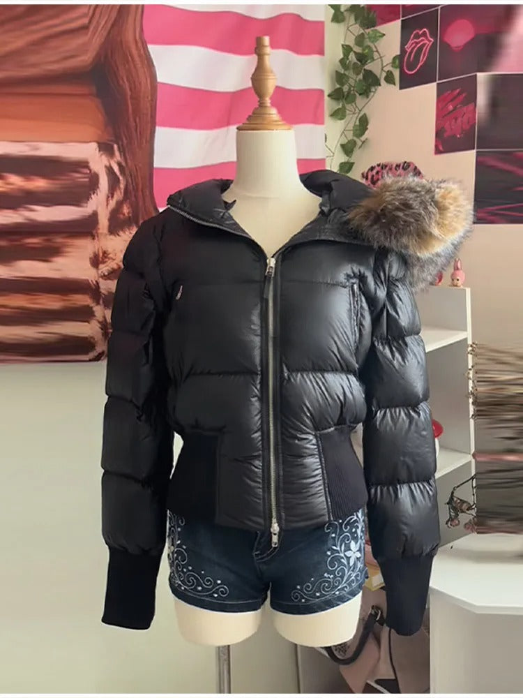 Winter Faux Fur Collar Puffer Jacket – Slim Fit, Detachable Design, Luxe Black Coat 2025