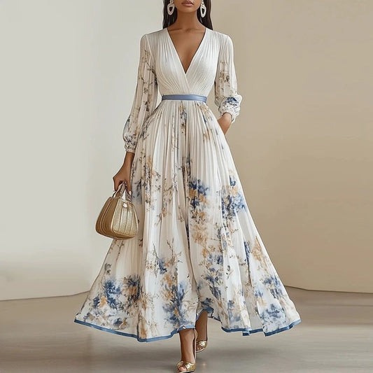 Elegant Floral Boho Pleated Maxi Dress – Deep V Neck, Long Sleeve, High Waist