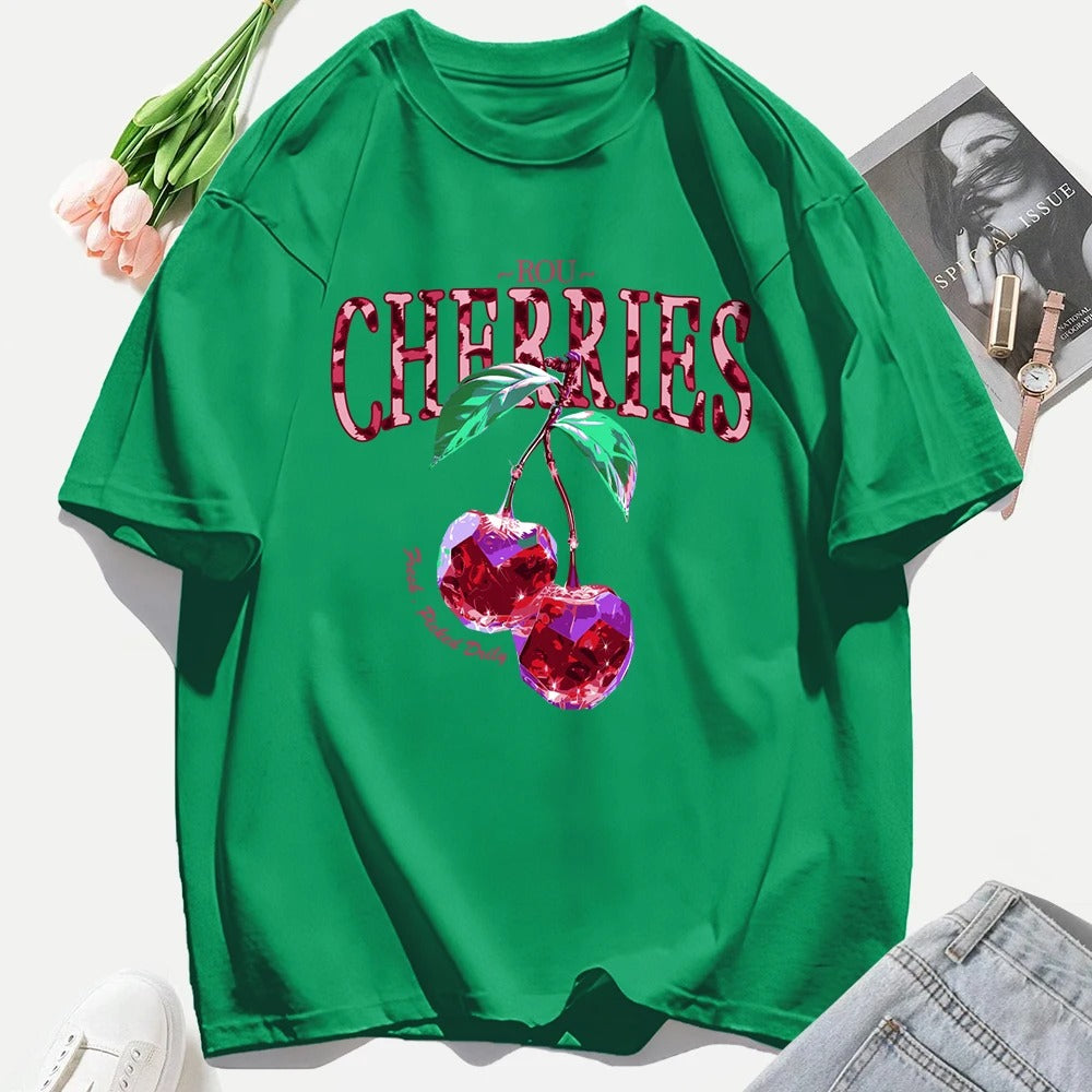 Crystal Cherries Graphic T-Shirt – Summer Oversized Cotton Tee for Women