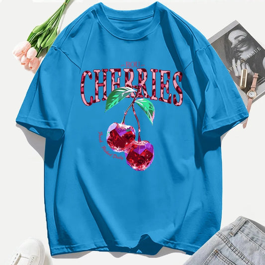 Crystal Cherries Graphic T-Shirt – Summer Oversized Cotton Tee for Women