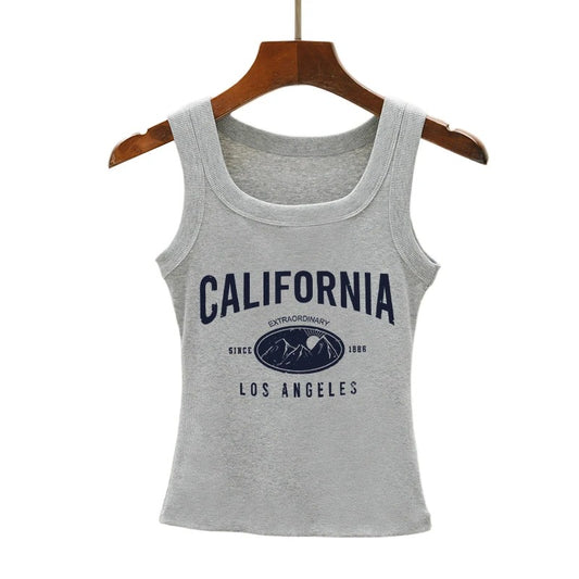 California Graphic Ribbed Crop Tank – Cotton & Viscose Summer Top