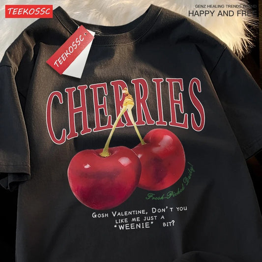 Cherries Graphic Tee – Funny Vintage-Style Loose T-Shirt for Women