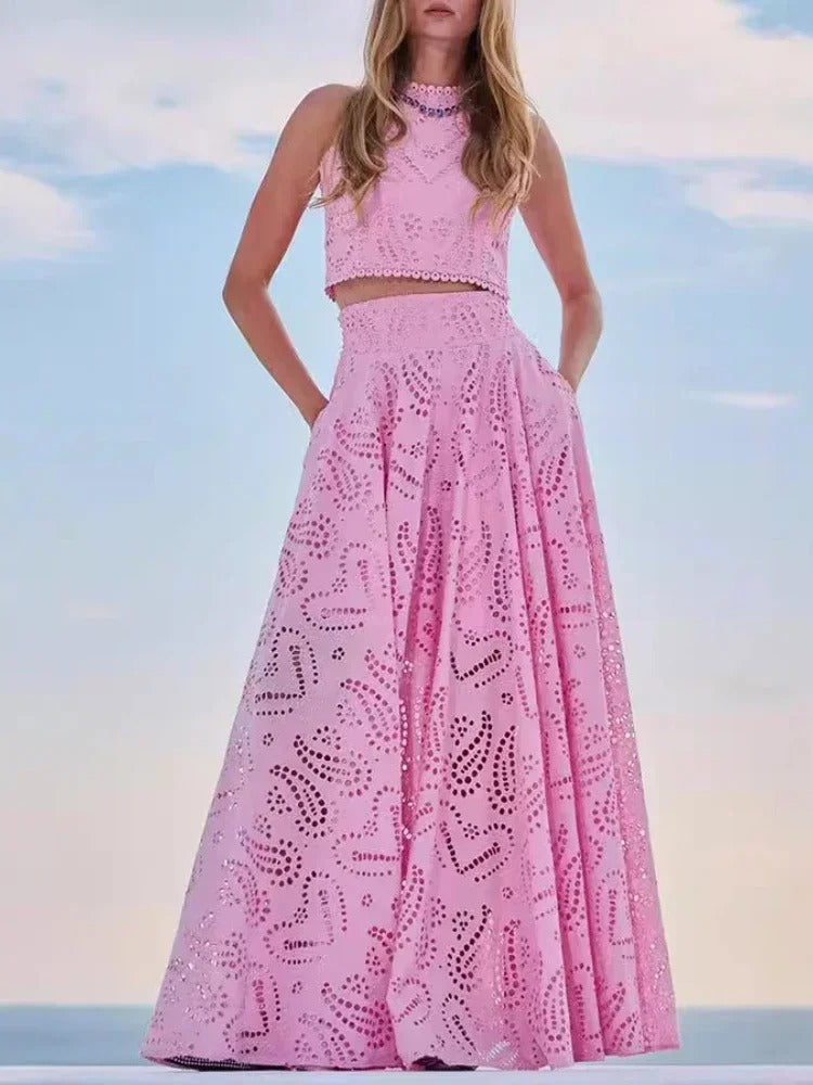Elegant Hollow-Out Two-Piece Summer Set – Sleeveless Crop Top & High-Waist Maxi Skirt