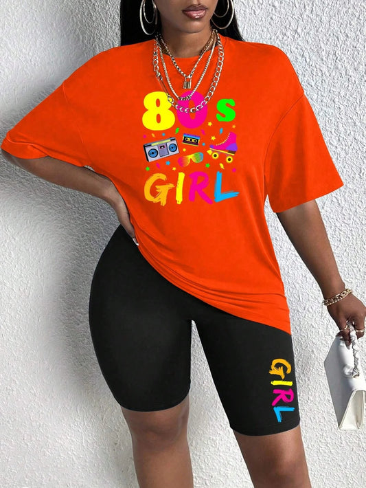 80s Girl Print Two-Piece Casual Set – T-Shirt & Shorts