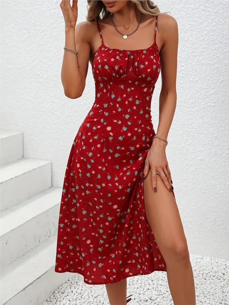 Women’s Spaghetti Strap Midi Dress – Summer Casual Beach Dress with Slit