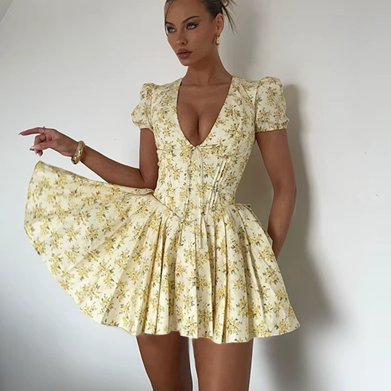 Floral Corset-Style Puff Sleeve Mini Dress