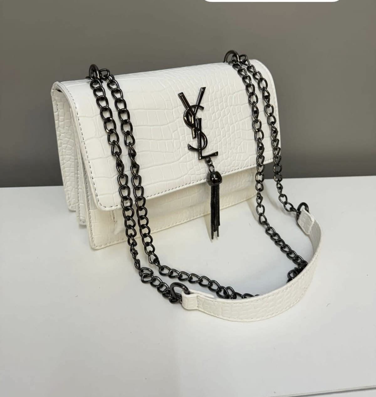 Designer-Inspired White Croc-Effect Shoulder Bag