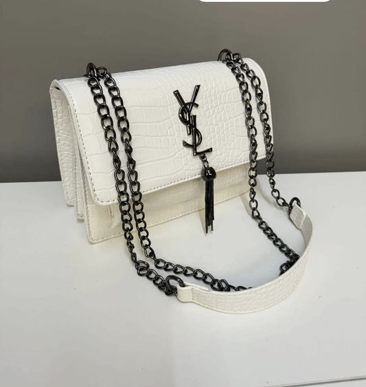 Designer-Inspired White Croc-Effect Shoulder Bag