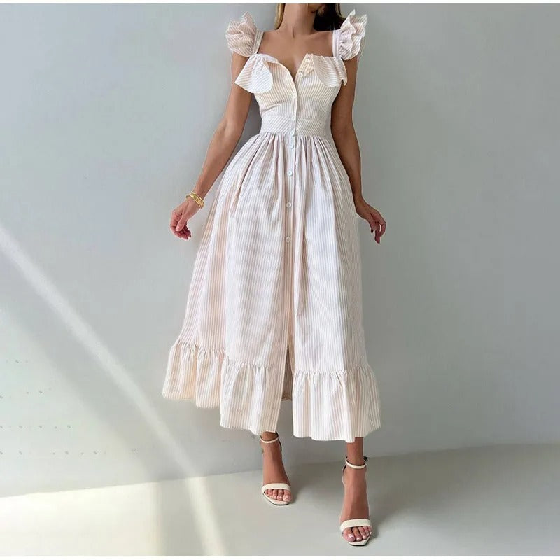 Striped Ruffle Shoulder Midi Dress – Elegant Summer A-Line Gown