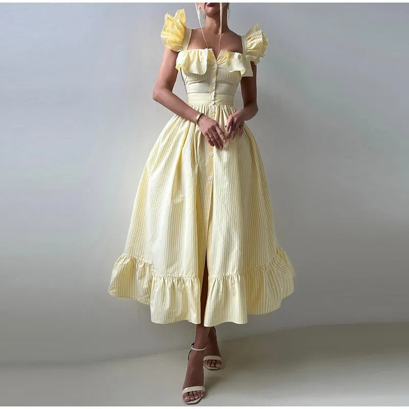 Striped Ruffle Shoulder Midi Dress – Elegant Summer A-Line Gown