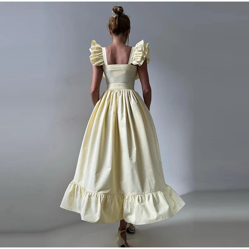 Striped Ruffle Shoulder Midi Dress – Elegant Summer A-Line Gown