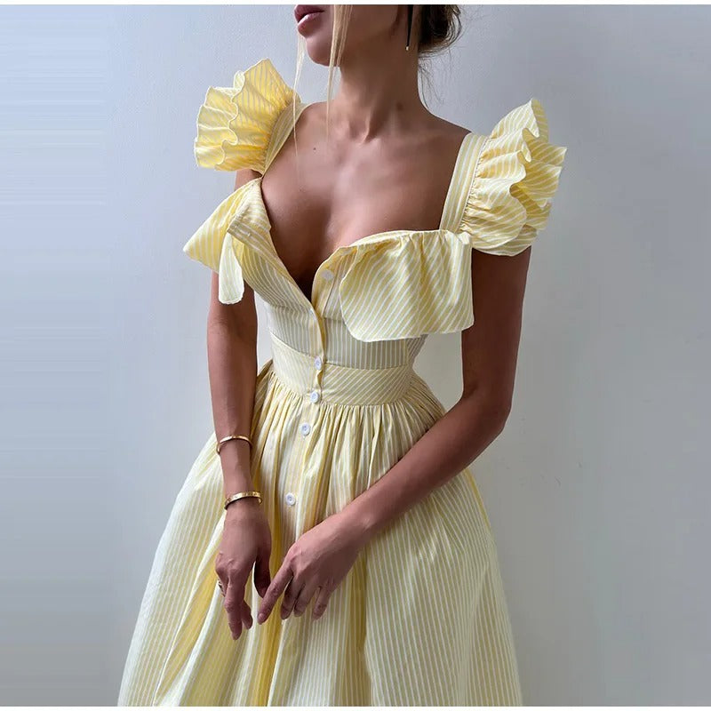 Striped Ruffle Shoulder Midi Dress – Elegant Summer A-Line Gown