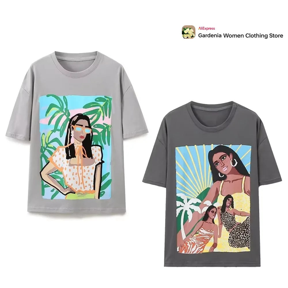 Trendy Graphic Print T-Shirts for Women – Loose Fit Summer Cotton Tees with Stylish Lady Illustration
