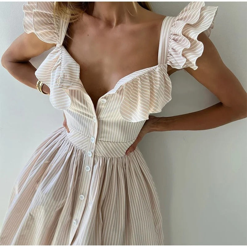 Striped Ruffle Shoulder Midi Dress – Elegant Summer A-Line Gown