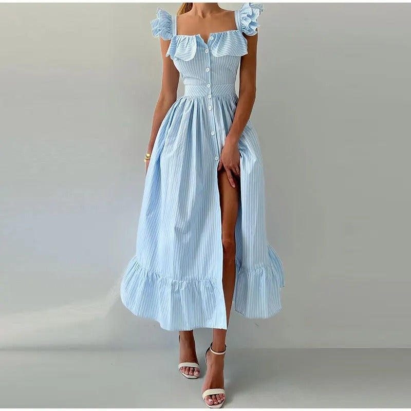 Striped Ruffle Shoulder Midi Dress – Elegant Summer A-Line Gown