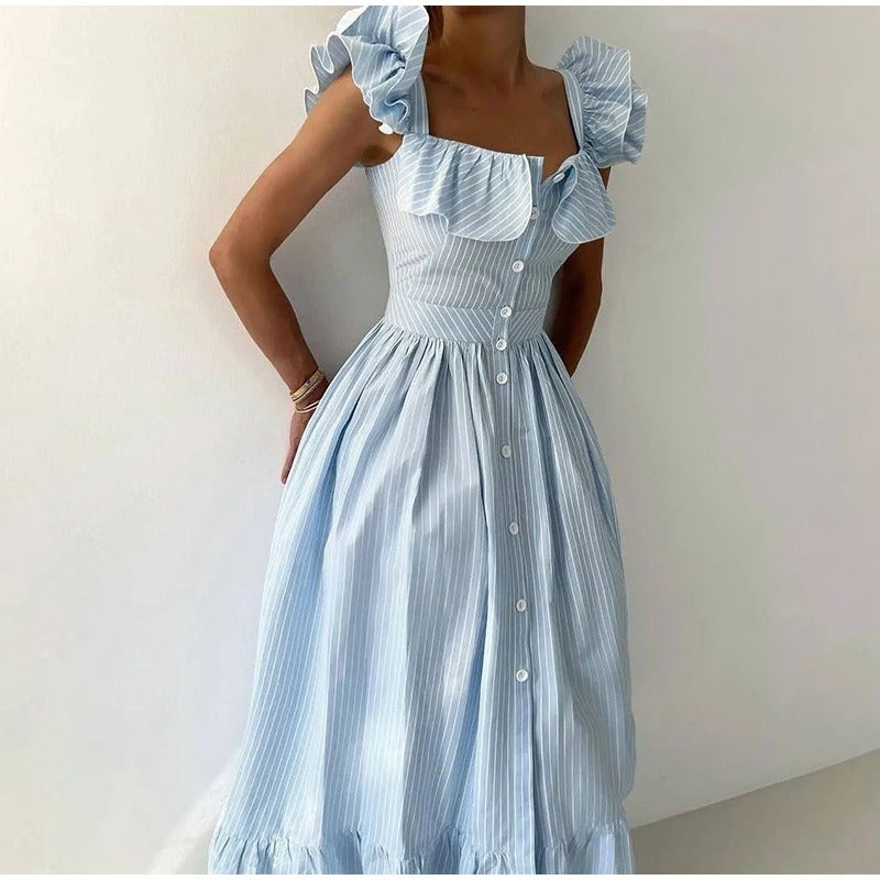 Striped Ruffle Shoulder Midi Dress – Elegant Summer A-Line Gown