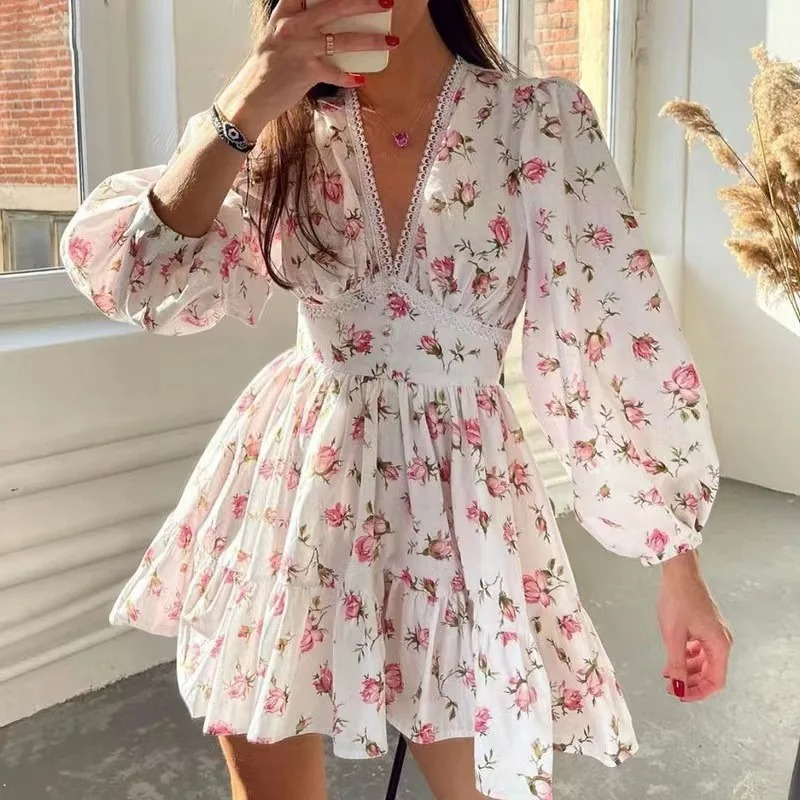 Floral Chiffon Puff Sleeve Mini Dress