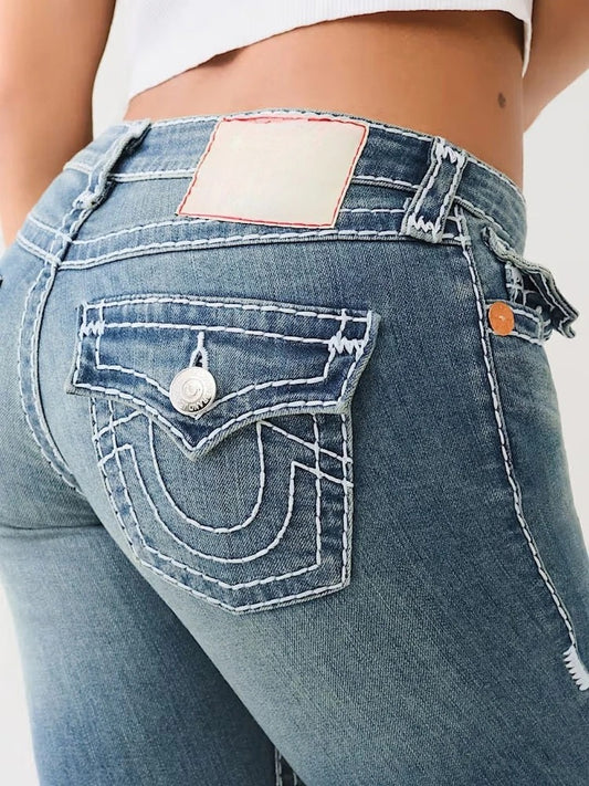 Blue Embroidery Flared Jeans – High Waist Washed Denim Trousers