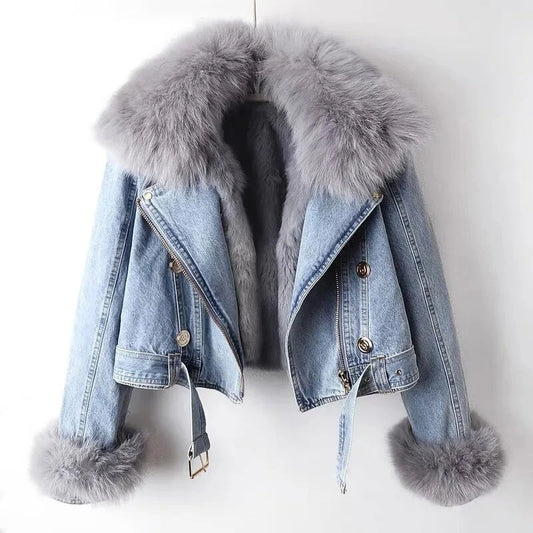 Winter Denim Jacket with Faux Fox Fur Collar – Warm Short Jean Coat