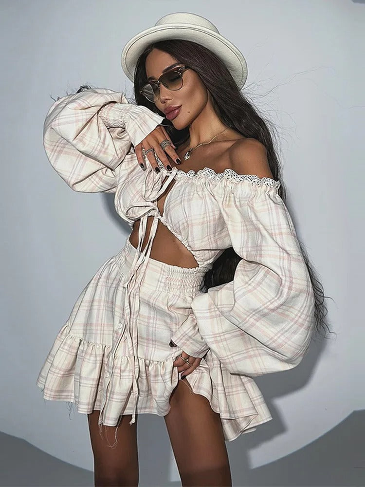 Sweet Off-Shoulder Plaid Dress with Lace & Lantern Sleeves