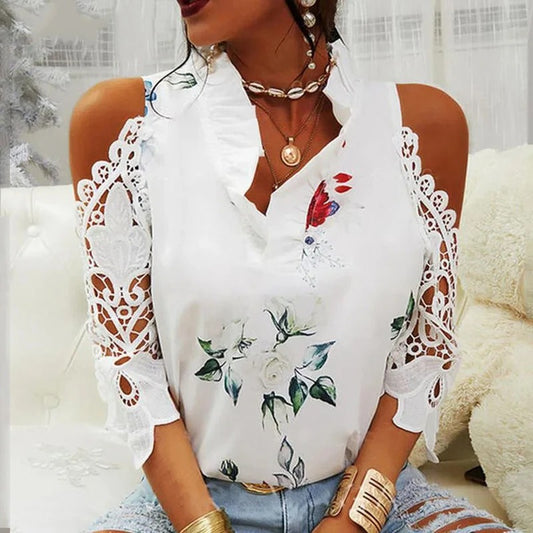 Floral Lace Cold Shoulder Blouse – Summer V-Neck Elegance