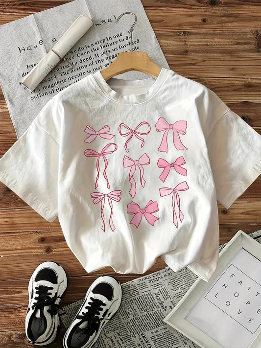 Vintage Pink Bow Cotton T-Shirt – Women's Casual Graphic Tee