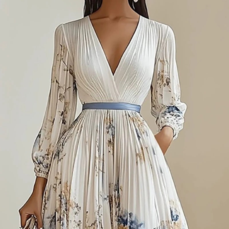 Elegant Floral Boho Pleated Maxi Dress – Deep V Neck, Long Sleeve, High Waist
