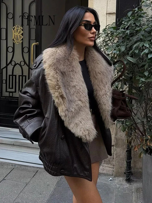 Winter 2025 Oversized Faux Leather Coat with Removable Fur Collar – High-Street Double-Breasted Jacket