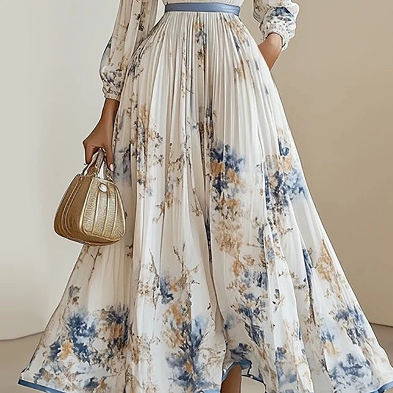 Elegant Floral Boho Pleated Maxi Dress – Deep V Neck, Long Sleeve, High Waist