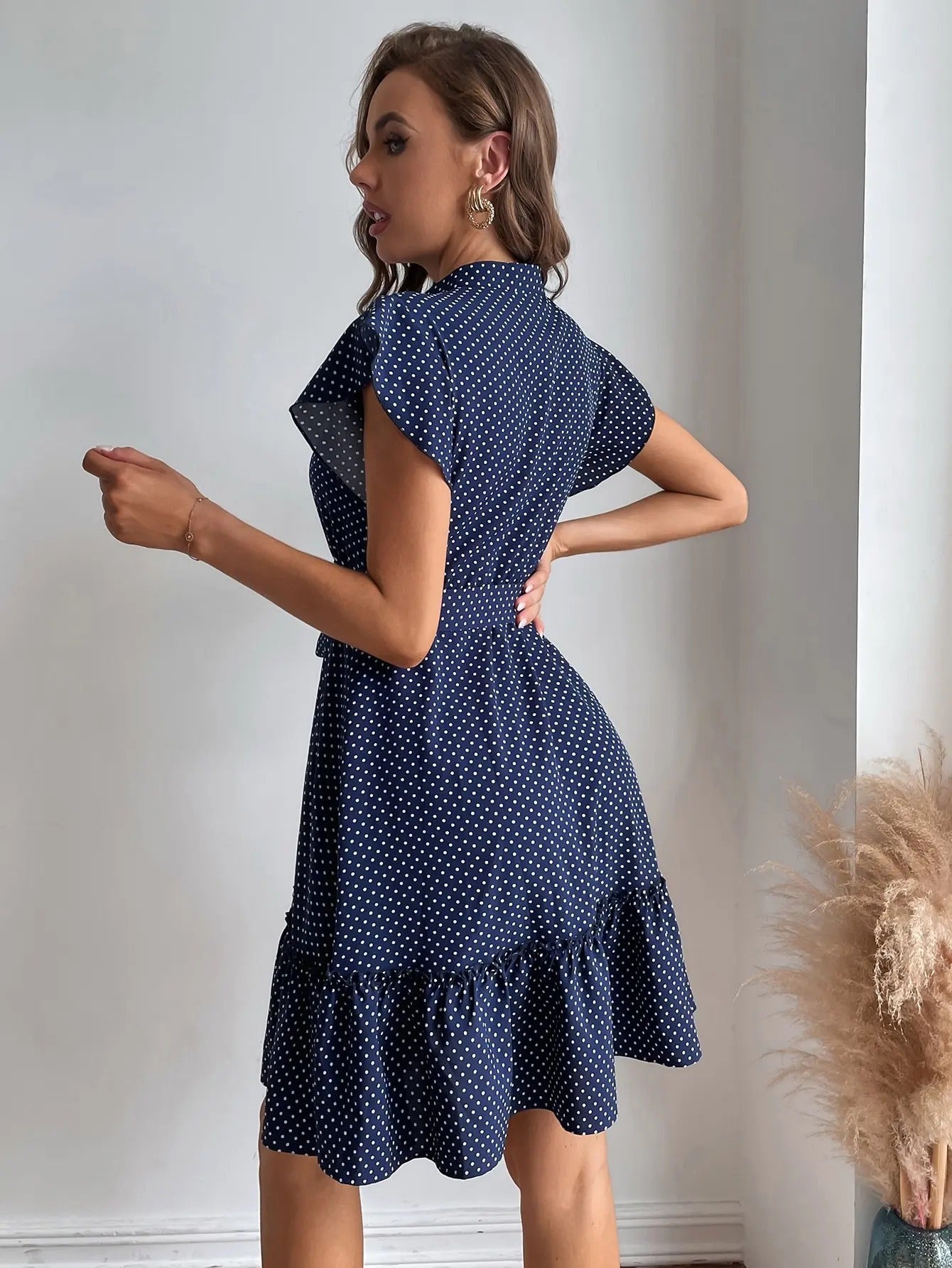 Polka Dot Print Butterfly Sleeve Waist Tie Dress