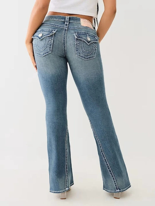 Blue Embroidery Flared Jeans – High Waist Washed Denim Trousers