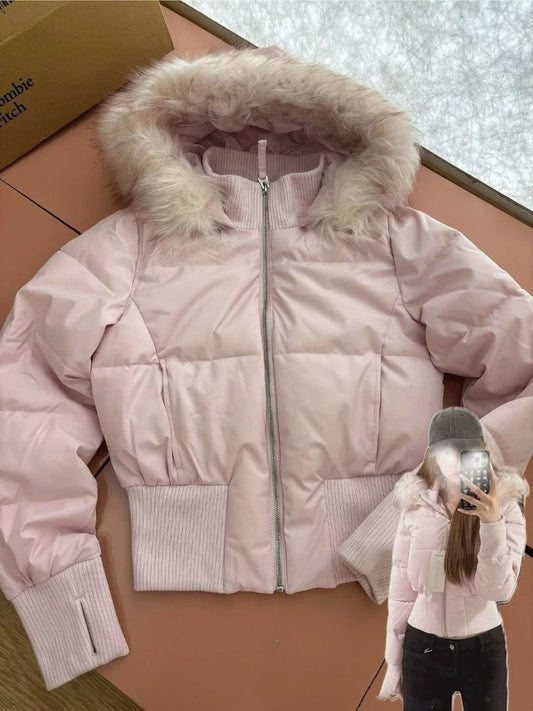 Vintage Fur Collar Short Puffer Jacket – Winter Warmth & Chic Street Style