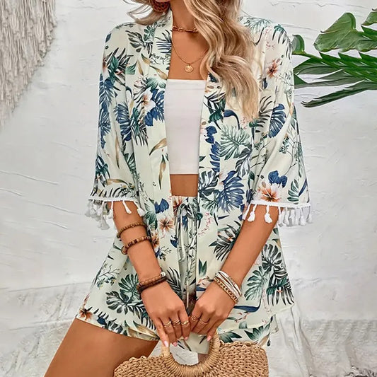 Women's Floral Print Beachwear Set - Open Front Kimono & Drawstring Shorts Two-Piece Summer Outfit