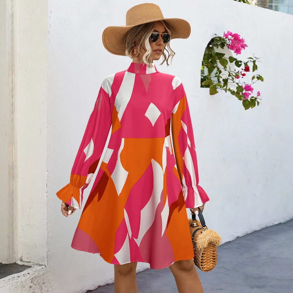 Vibrant Abstract Print Long Sleeve A-Line Dress