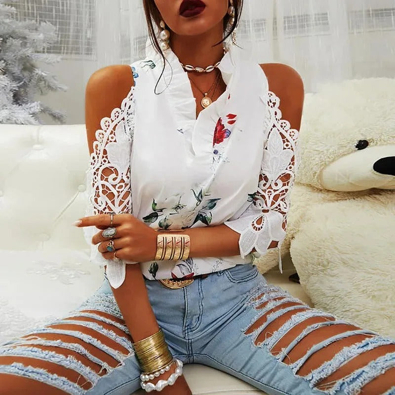 Floral Lace Cold Shoulder Blouse – Summer V-Neck Elegance