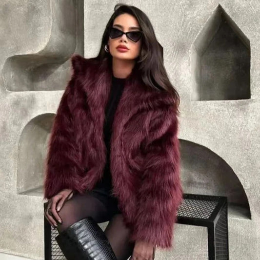 Burgundy Faux Fur Bomber Jacket – Plush Cropped Winter Coat