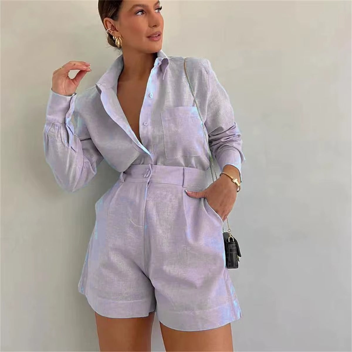 Chic 2-Piece Shirt & Shorts Set – Lightweight & Elegant