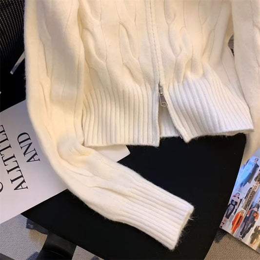 Winter White Cable-Knit Zip Sweater