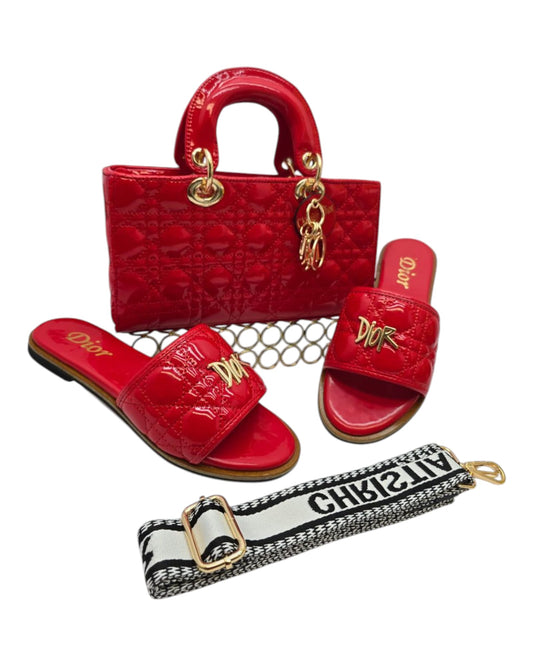Luxury-Inspired Red Patent Handbag & Slide Set – Elegant Summer Edition