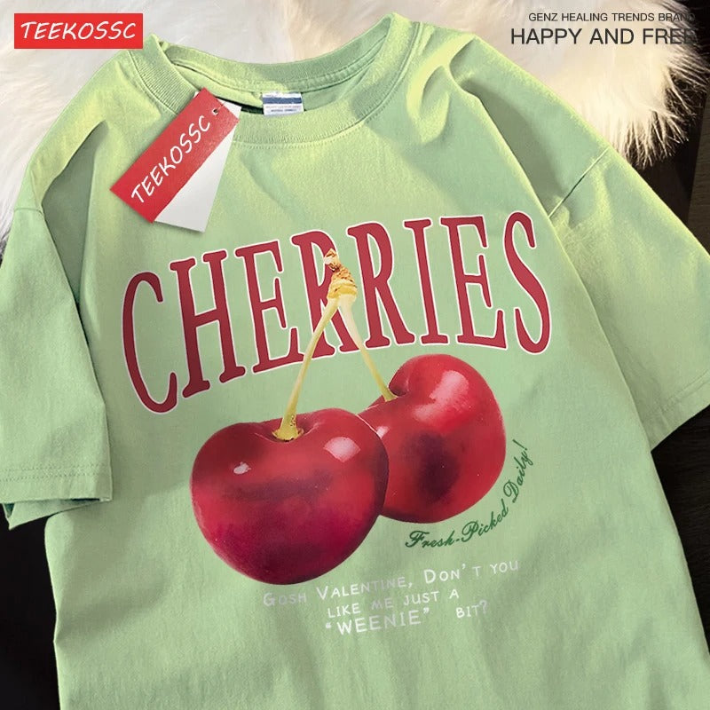Cherries Graphic Tee – Funny Vintage-Style Loose T-Shirt for Women